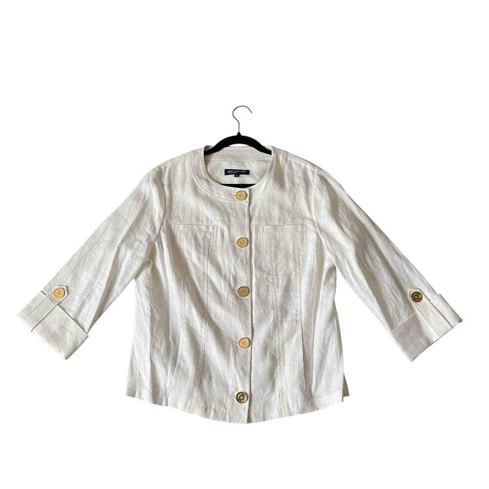 Jones New York Women's Collarless Button-Front Jacket White 100% Linen Size L